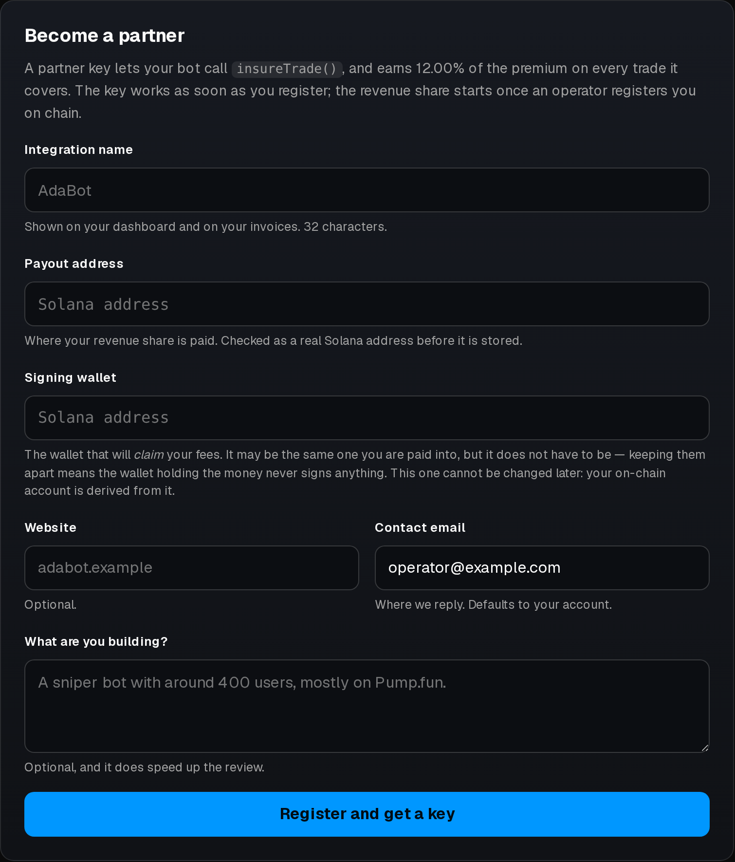 The partner application form: integration name, payout address, signing wallet, website, contact email and notes